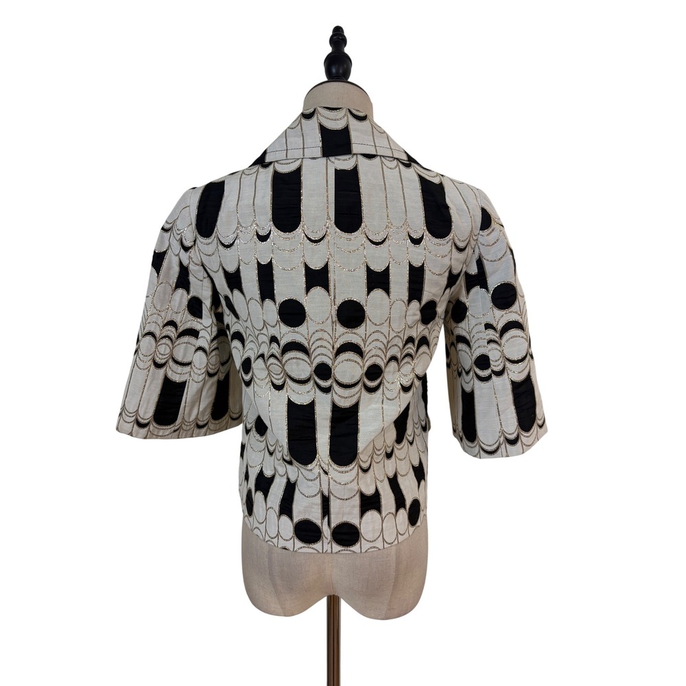 Trina Turk Cropped Jacket 0 Black White Excellent Gold Metallic Geometric Luxury - Picture 4 of 6